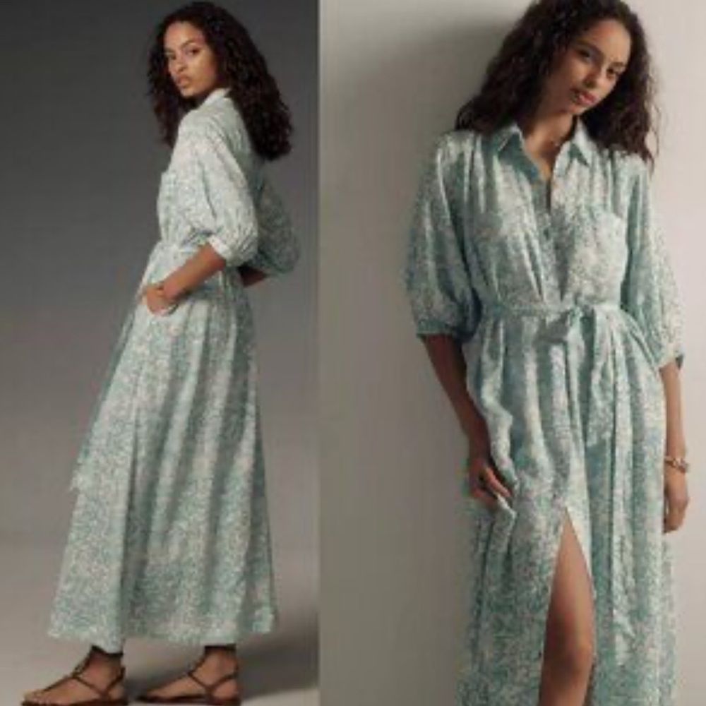 Anthropologie Maeve Blue Floral Button-Front Maxi Dress XS